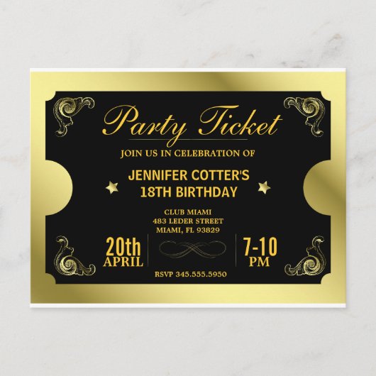 Golden Party Ticket Briefkaart (Voorkant)