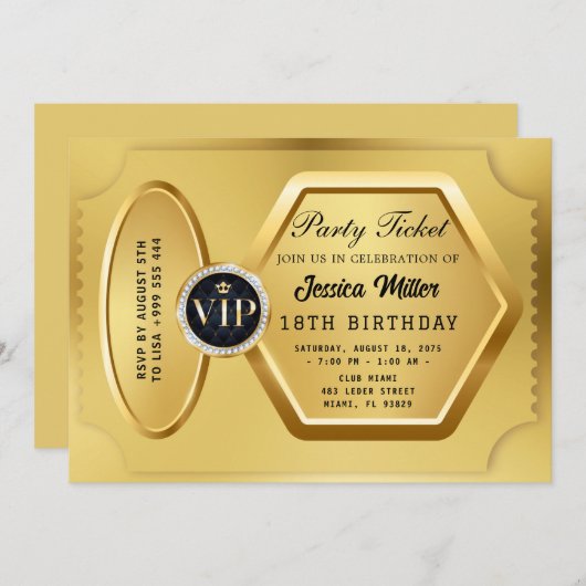 Golden Party Ticket Invitation Kaart (Voorkant / Achterkant)