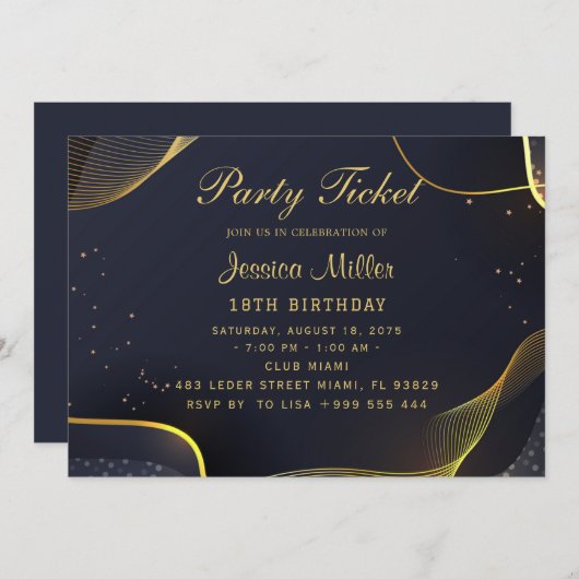 Golden Party Ticket Invitation Kaart (Voorkant / Achterkant)