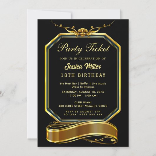 Golden Party Ticket Invitation Kaart (Voorkant)