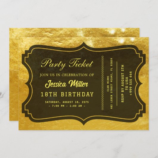 Golden Party Ticket Invitation Kaart (Voorkant / Achterkant)
