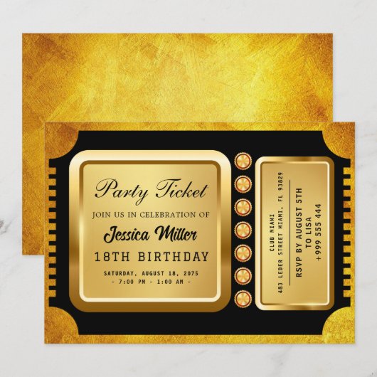 Golden Party Ticket Invitation Kaart (Voorkant / Achterkant)