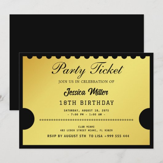 Golden Party Ticket Invitation Kaart (Voorkant / Achterkant)
