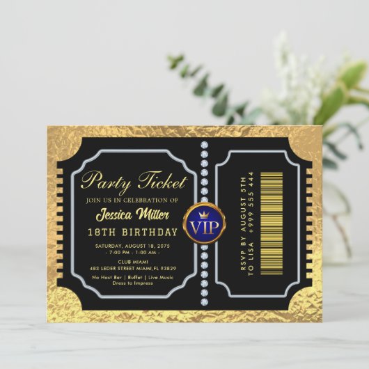 Golden Party Ticket Invitation Kaart (Staand voorkant)