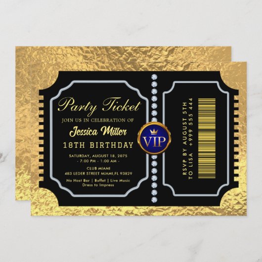 Golden Party Ticket Invitation Kaart (Voorkant / Achterkant)