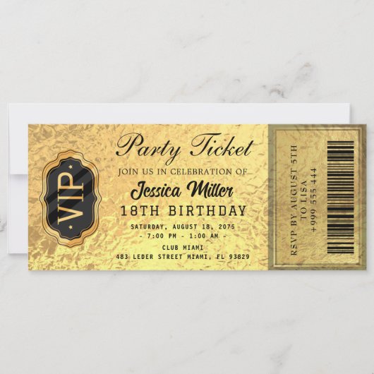 Golden Party Ticket Invitation Kaart (Voorkant)