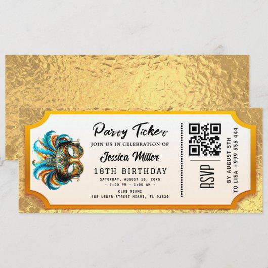 Golden Party Ticket Invitation Kaart (Voorkant / Achterkant)