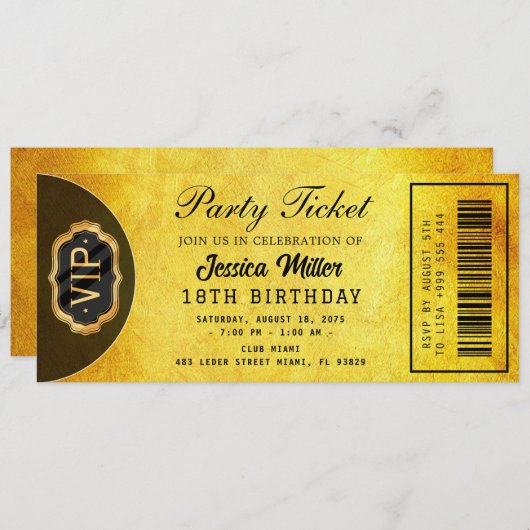 Golden Party Ticket Invitation Kaart (Voorkant / Achterkant)