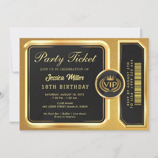 Golden Party Ticket Invitation Kaart (Voorkant)