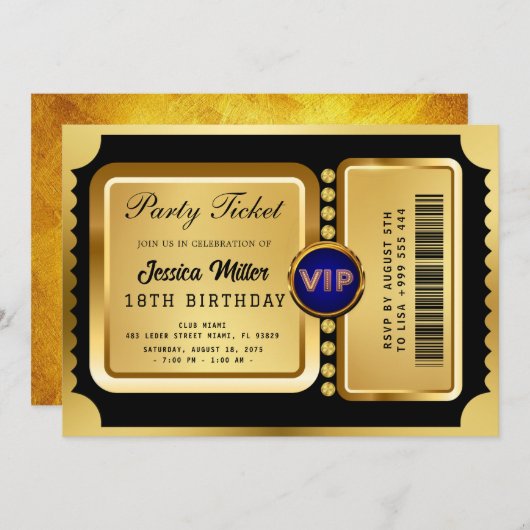 Golden Party Ticket Invitation Kaart (Voorkant / Achterkant)
