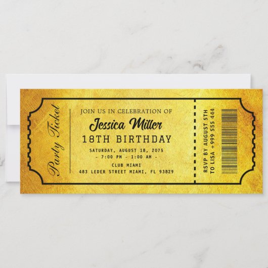 Golden Party Ticket Invitation Kaart (Voorkant)