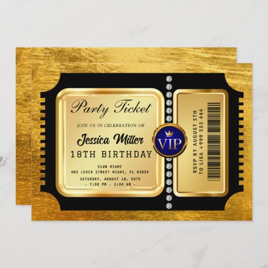 Golden Party Ticket Invitation Kaart (Voorkant / Achterkant)