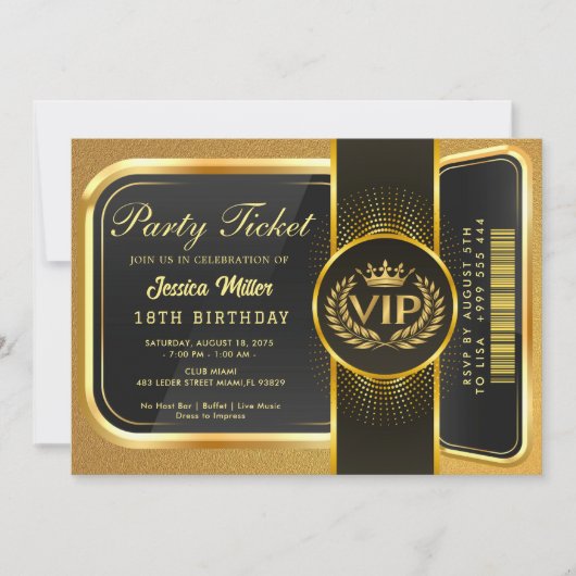 Golden Party Ticket Invitation Kaart (Voorkant)