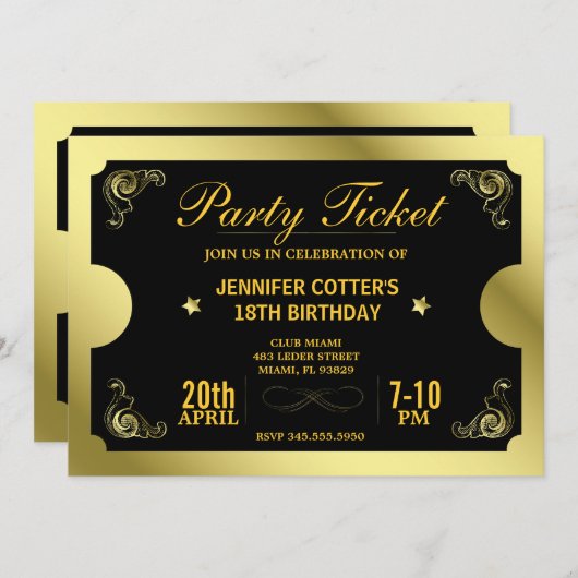 Golden Party Ticket Kaart (Voorkant / Achterkant)