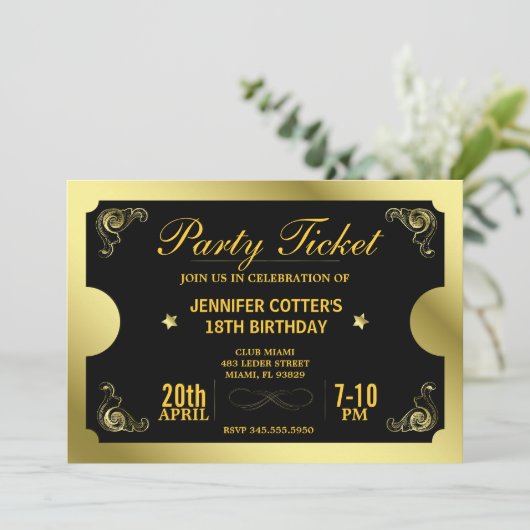 Golden Party Ticket Save The Date (Staand voorkant)