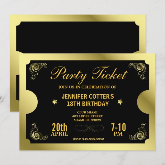 Golden Party Ticket Save The Date (Voorkant / Achterkant)