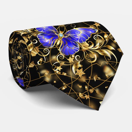 Golden Pattern 14.bw.blue butterfly Black BG Stropdas (Opgerold)