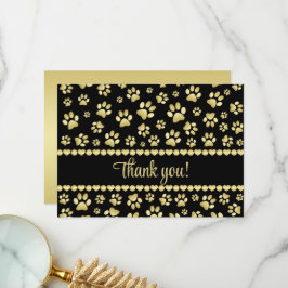Golden Paw Prints on Black with Custom Name Bedankkaart
