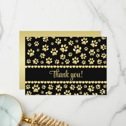 Golden Paw Prints on Black with Custom Name Bedankkaart (Voorkant / Achterkant in situ)