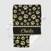 Golden Paw Prints on Black with Custom Name Golfhanddoek (Insitu)