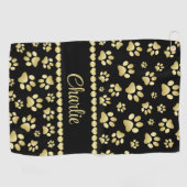 Golden Paw Prints on Black with Custom Name Golfhanddoek (Horizontaal)