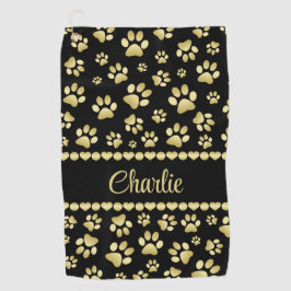 Golden Paw Prints on Black with Custom Name Golfhanddoek