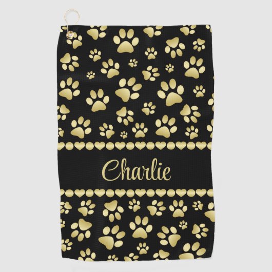 Golden Paw Prints on Black with Custom Name Golfhanddoek (Voorkant)