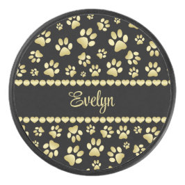 Golden Paw Prints on Black with Custom Name Hockey Puck