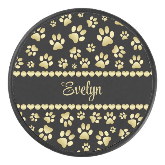 Golden Paw Prints on Black with Custom Name Hockey Puck (Voorkant)