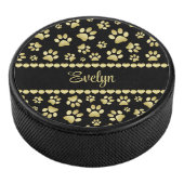 Golden Paw Prints on Black with Custom Name Hockey Puck (3/4)