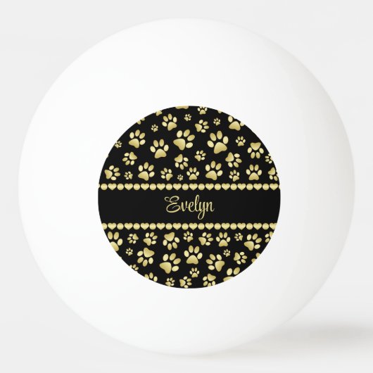 Golden Paw Prints on Black with Custom Name Pingpongbal (Voorkant)