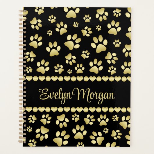 Golden Paw Prints on Black with Custom Name Planner (Voorkant)