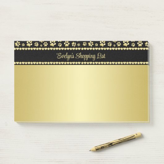 Golden Paw Prints on Black with Custom Name Post-it® Notes (Op bureau)