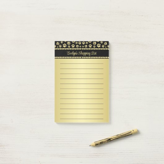 Golden Paw Prints on Black with Custom Name Post-it® Notes (Op bureau)
