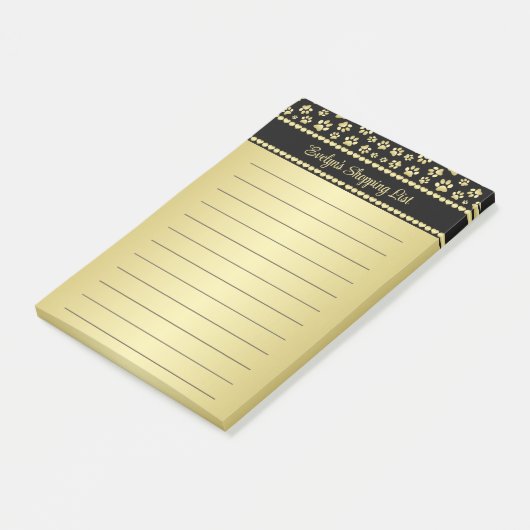 Golden Paw Prints on Black with Custom Name Post-it® Notes (Schuin)