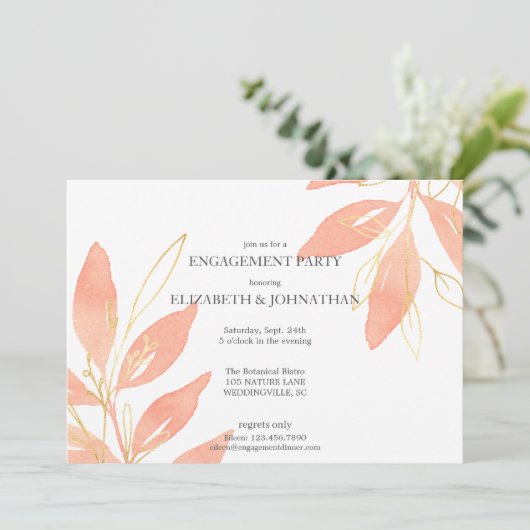 Golden Peach Waterverf Floral Engagement Party Kaart (Staand voorkant)