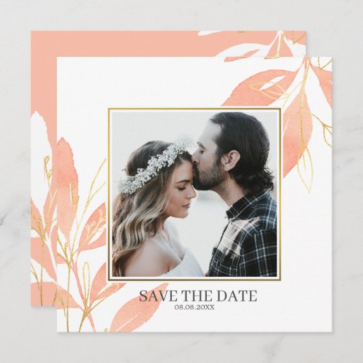Golden Peach Waterverf Floral Save the Date Kaart (Voorkant / Achterkant)