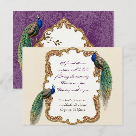 Golden Peacock & Calligrafie Opvanguitnodiging Kaart (Voorkant / Achterkant)