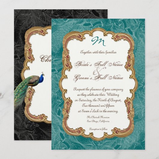 Golden Peacock & Calligrafiefirls Uitnodiging (Voorkant / Achterkant)