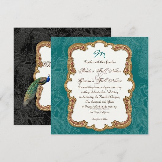 Golden Peacock & Calligrafiefirls Uitnodiging (Voorkant / Achterkant)