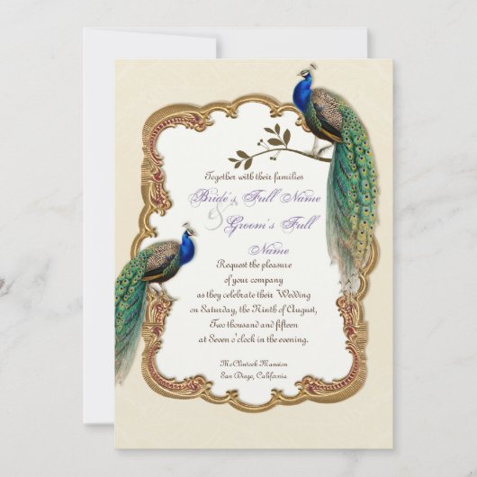 Golden Peacock & Calligrafiefirls Uitnodiging (Voorkant)