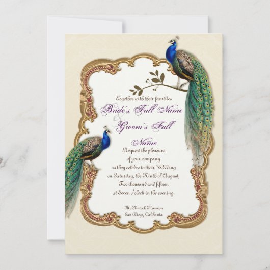 Golden Peacock & Calligrafiefirls Uitnodiging (Voorkant)