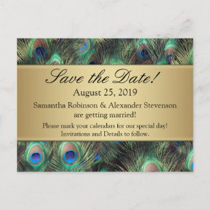 Golden Peacock Feather Background Save the Date Aankondigingskaart