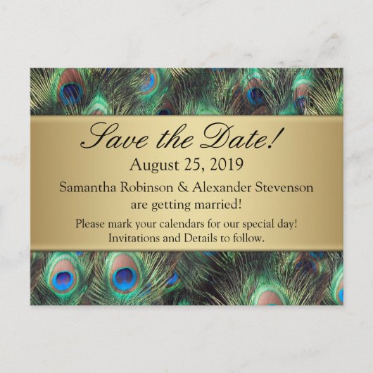 Golden Peacock Feather Background Save the Date Aankondigingskaart (Voorkant)