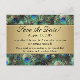 Golden Peacock Feather Background Save the Date Aankondigingskaart