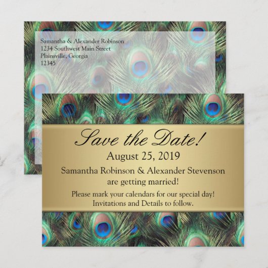 Golden Peacock Feather Background Save the Date Aankondigingskaart (Voorkant / Achterkant)