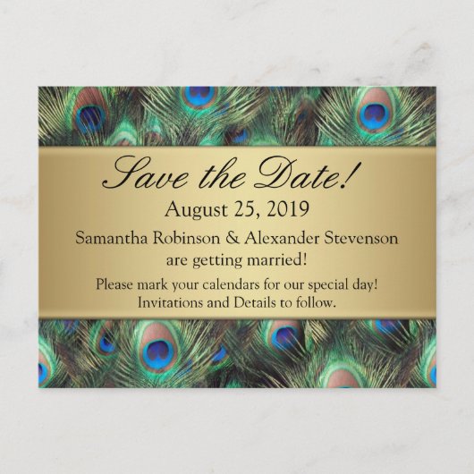 Golden Peacock Feather Background Save the Date Aankondigingskaart (Voorkant)