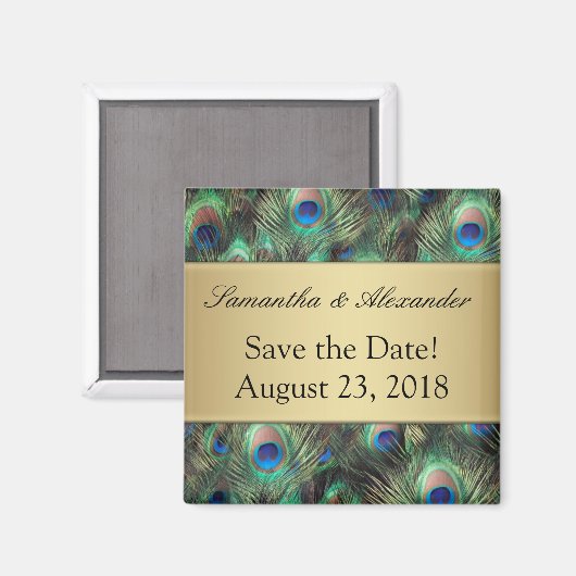 Golden Peacock Feather Background Save the Date Magneet (Voorkant / Achterkant)