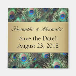 Golden Peacock Feather Background Save the Date Magneet