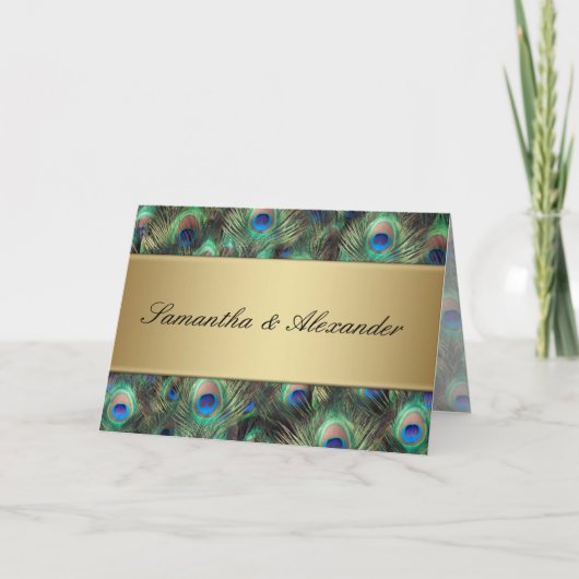 Golden Peacock Feather Folded Wedding Invitation (Voorkant)